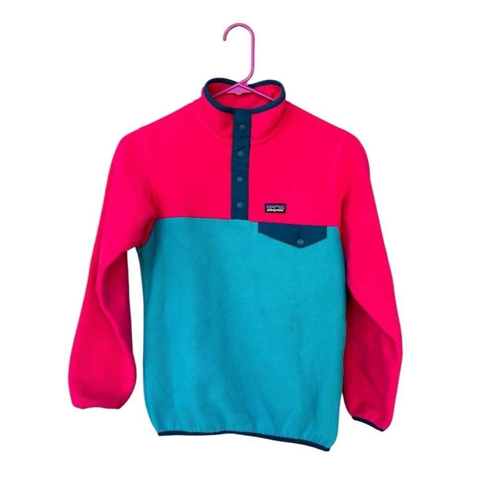 Patagonia Girls Snap Synchilla Pullover Fleece - Size Large - Pink Blue